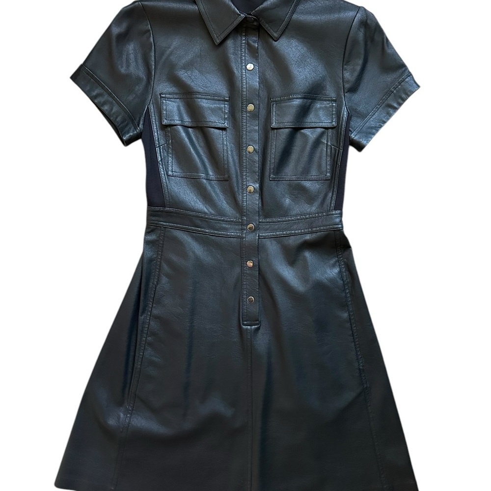 BCBGMAXAZRIA Faux Leather Black Mini Collared Dress, XXS